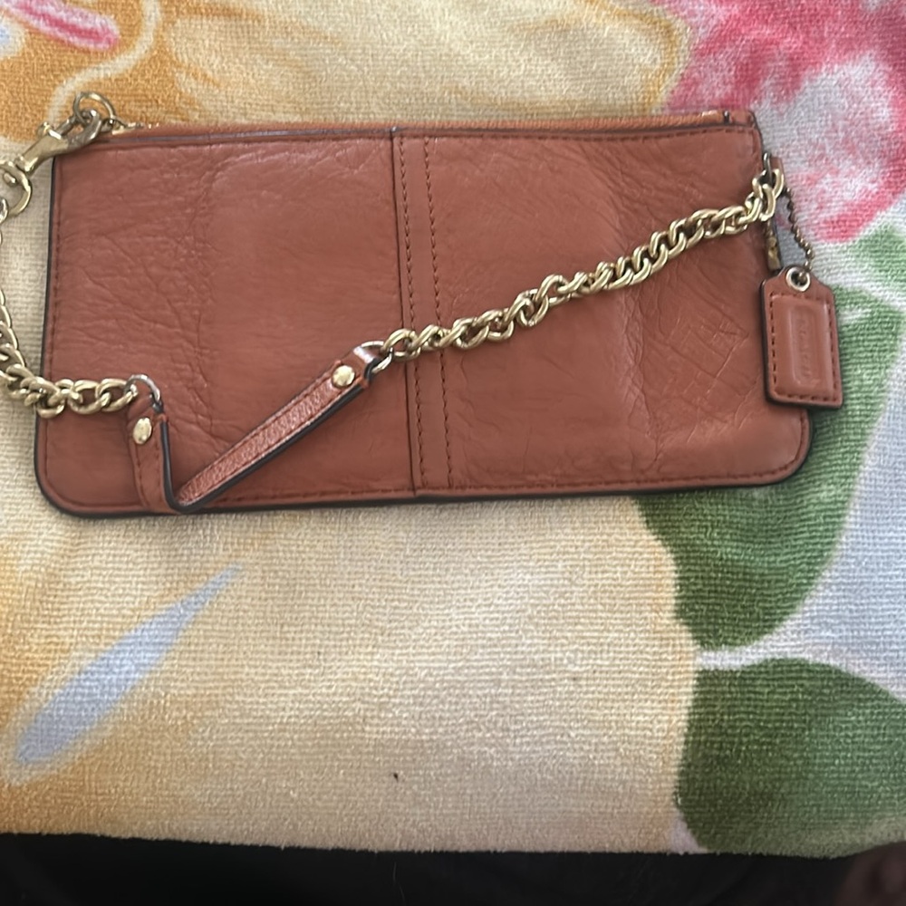 Coach Brown Leather Wristlet with Gold Chain - Picture 3 of 3